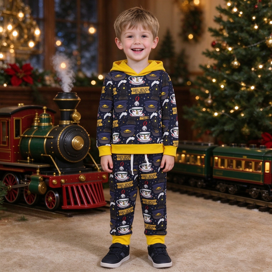 BLP1552 Film Characters Train Believe in Jesus Hoodie Top Pockets Pants Boys Christmas Clothes Set