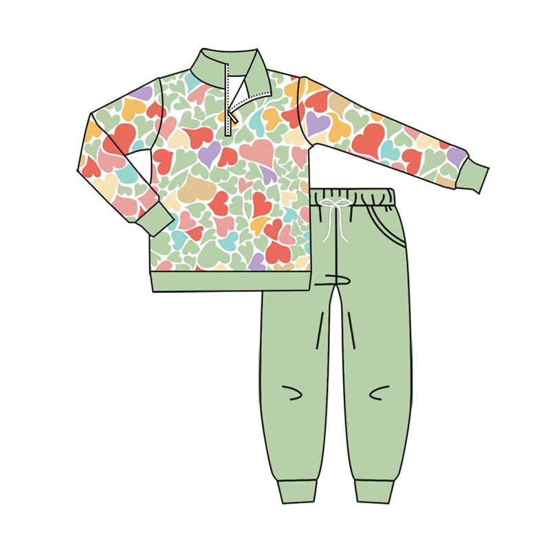 8.7 BLP1555 Preorder Colorful Hearts Pullover Top Green Pants Boys Valentine's Day Clothes Set