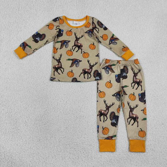 BLP1556 Animals Pumpkin Print Boys Fall Pajamas Clothes Set