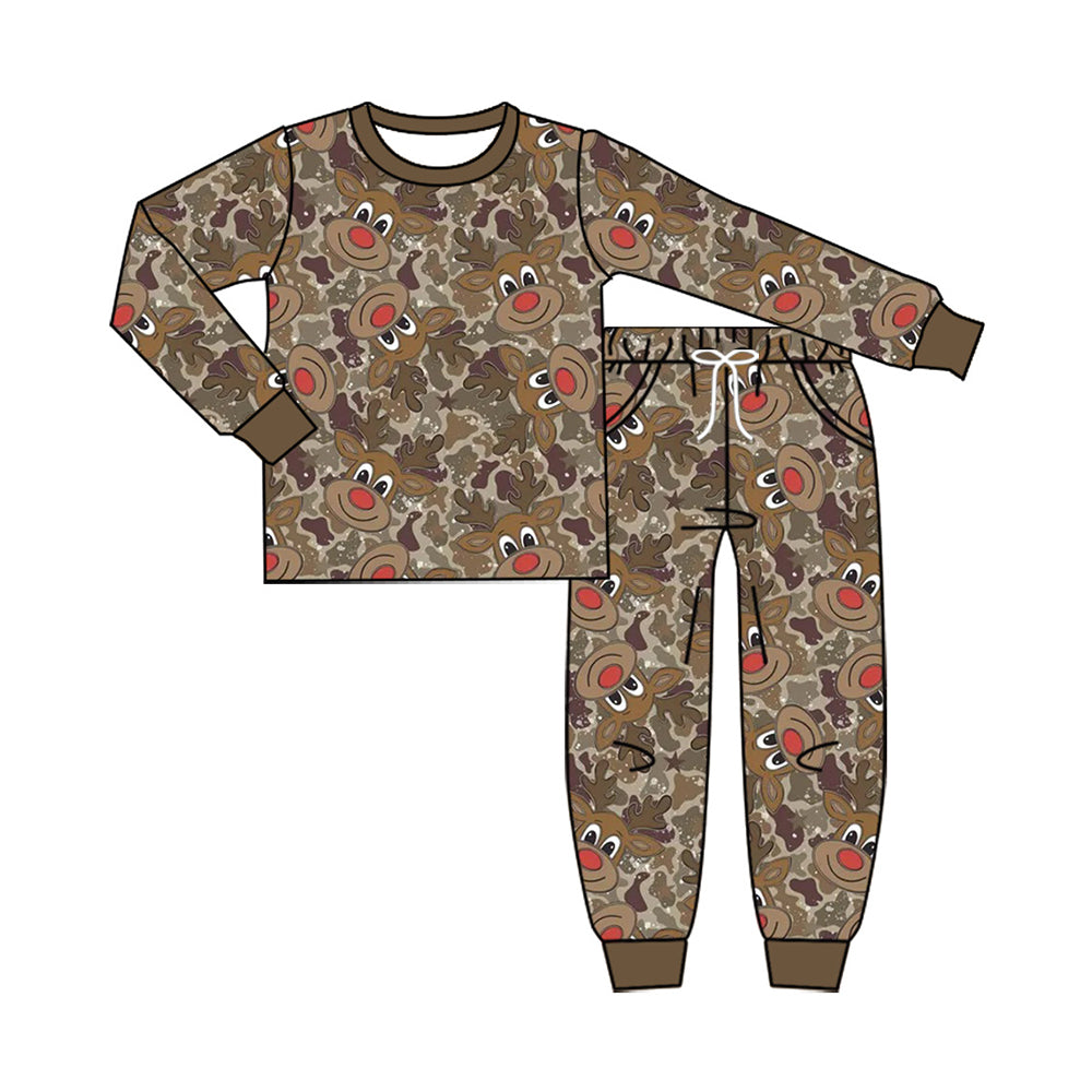 8.10 BLP1557 Preorder Deer Camo Print Long Sleeve Top Pockets Pants Boys Christmas Clothes Set