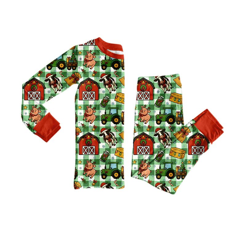 8.15 BLP1564 Preorder Farm Animals Checkered Print Kids Christmas Pajamas Clothes Set