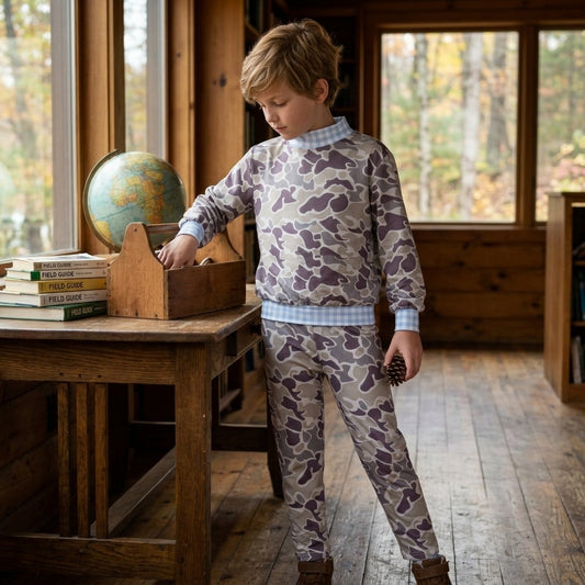 BLP1567 Dark Brown Camo Blue Gingham Mock Neck Top Pants Boys Fall Clothes Set