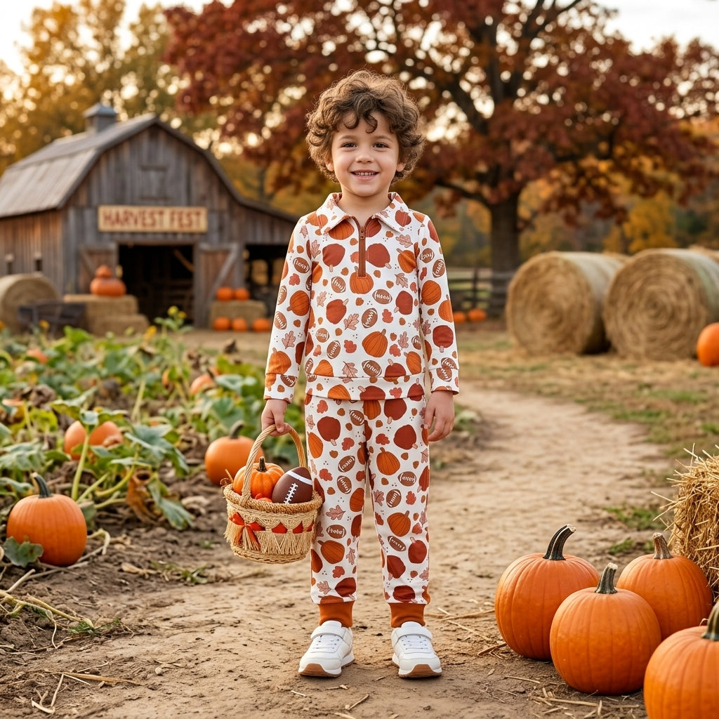 BLP1573 Football Pumpkin Leaf Zipper Pullover Top Joggers Pants Boys Fall Clothes Set
