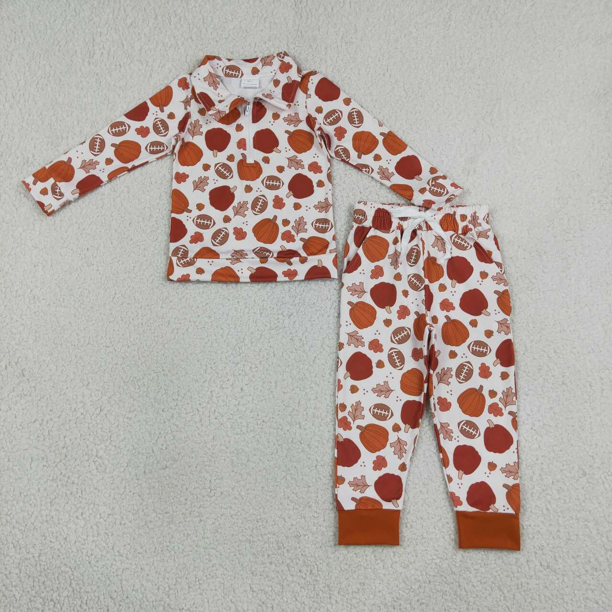 BLP1573 Football Pumpkin Leaf Zipper Pullover Top Joggers Pants Boys Fall Clothes Set