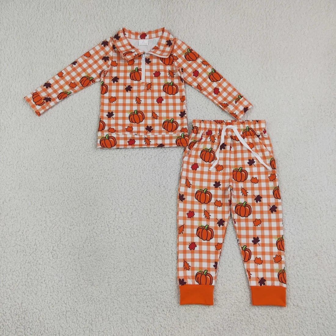 Sibling Baby Boys  Fall Pumpkin Orange Checked Outfit and Romper