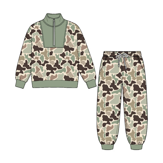 8.25  Preorder Brown Green Camo Half‑Zip Top & Jogger Pants Set