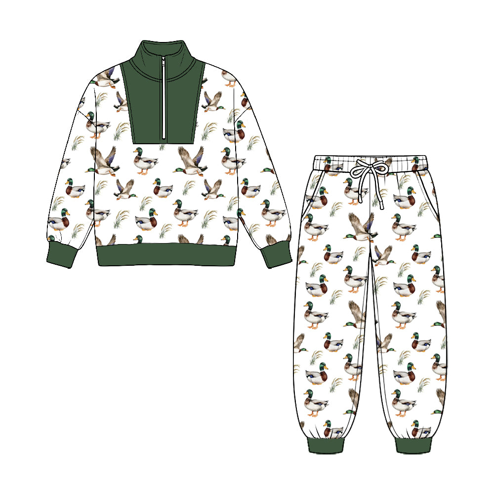 8.25 BLP1582 Preorder Duck White Print Zipper Top Pockets Pants Boys Clothes Set
