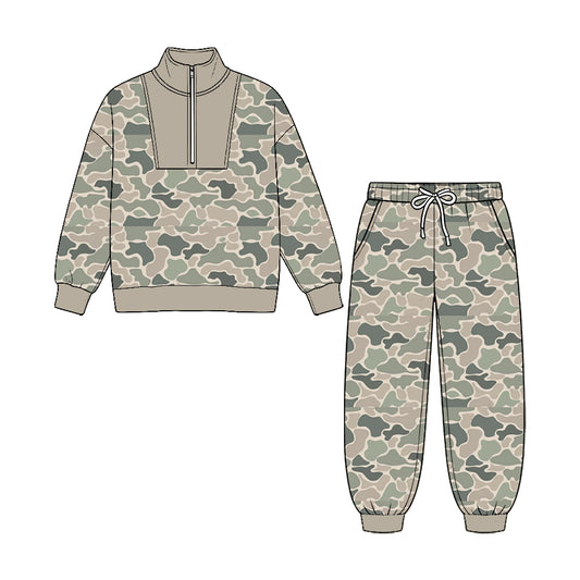 8.25  BLP1591 Preorder Green  Camo Half‑Zip Top & Jogger Pants Set