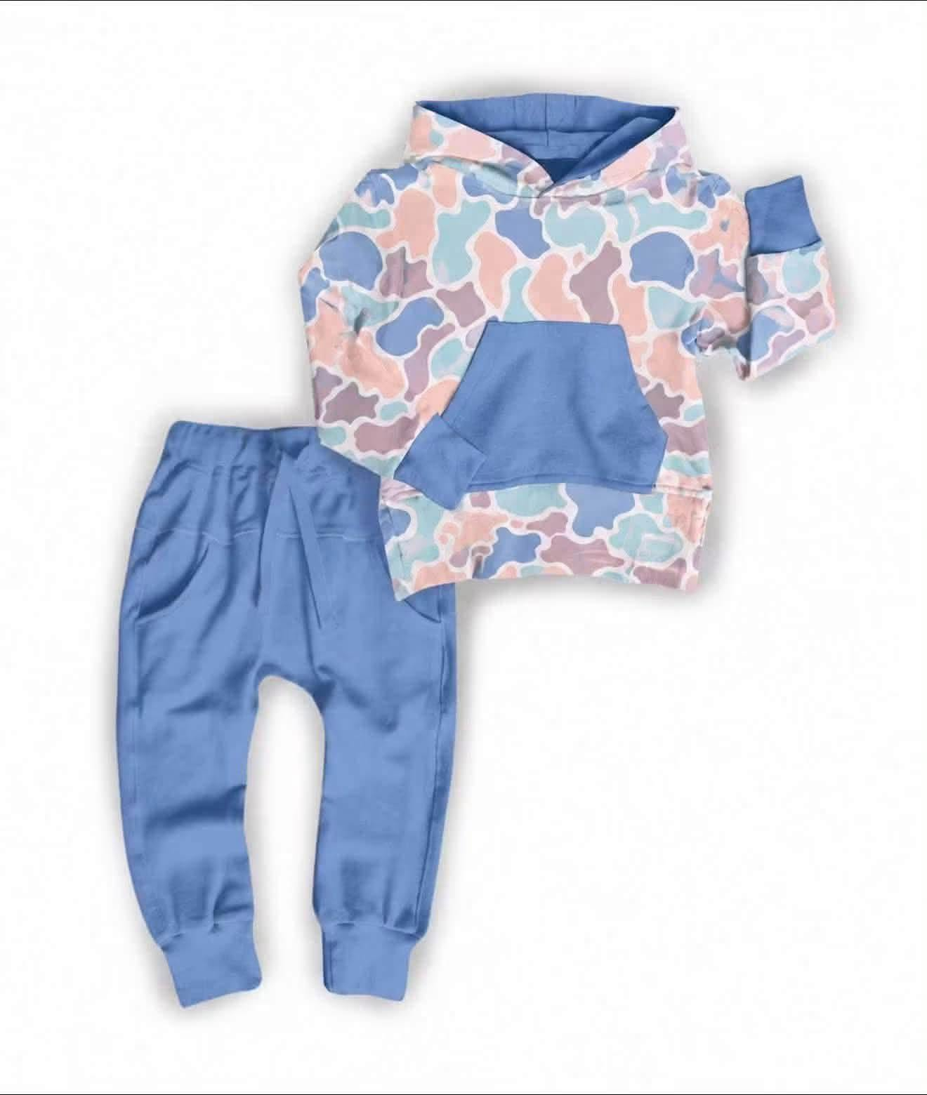 8.28 Preorder Toddler Boys Blue Camo Pocket Hoodie Top with Jogger Set