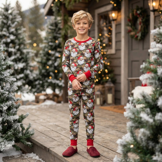 BLP1600 Boys Christmas Santa Camo Long Sleeve Pajama Clothes Set