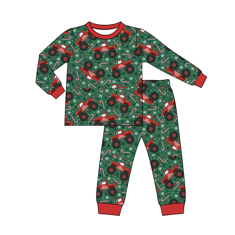 8.28 Preorder Toddler Boys Christmas Monster Truck Candy Cane Long Sleeve Pajama Set
