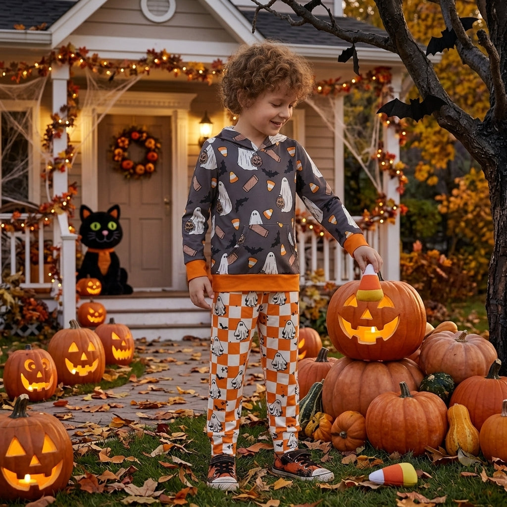 BLP1607 Ghost Bat Candy Hoodie Top Orange Checked Pants Baby Boys Halloween Clothes Set
