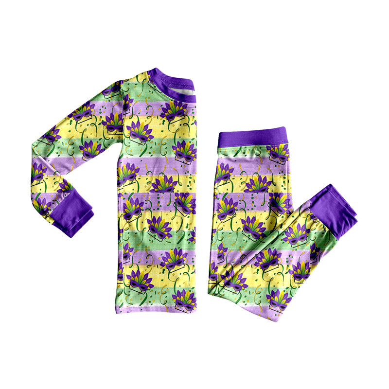 9.17 BLP1619 Preorder Mardi Gras Mask Purple Green Yellow Long Sleeve Pajamas Set