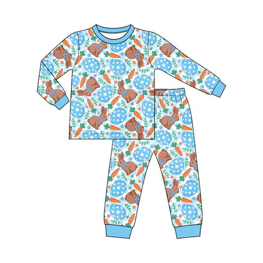 9.25 BLP1633 Preorder Bunny Eggs Carrot Blue Checkered Print Boys Short Sleeve Pants Easter Pajamas Clothes Set