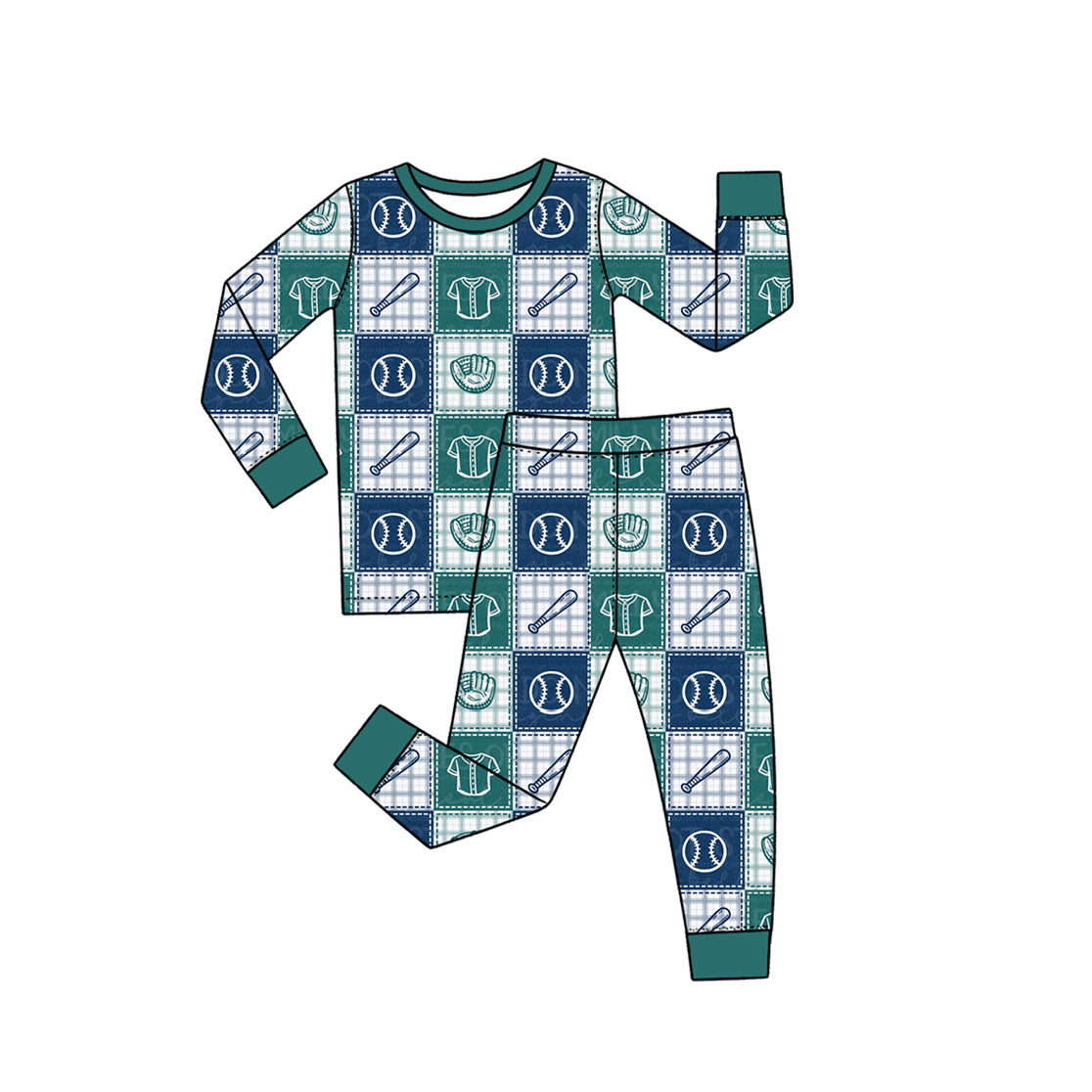 10.10 BLP1641 Preorder Baseball Checkered Print Boys Pajamas Clothes Set