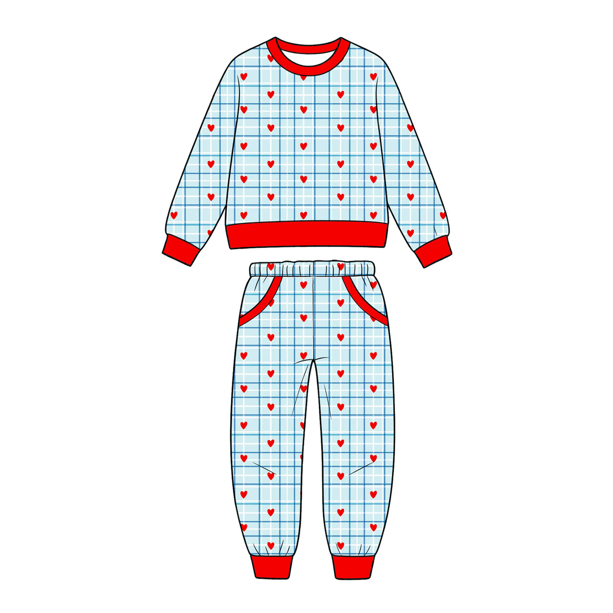 10.26 BLP1654 Preorder ToddlerBoys Heart Plaid Blue Long Sleeve Top Jogger Outfit