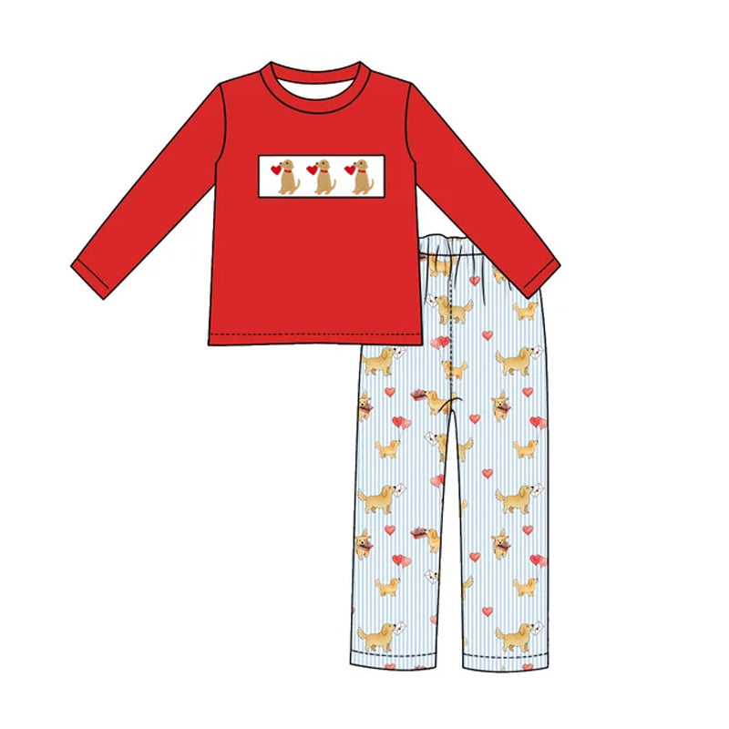 10.30 BLP1663 Preorder Puppy Hearts Red Top Stripes Pants Boys Valentine's Day Clothes Set