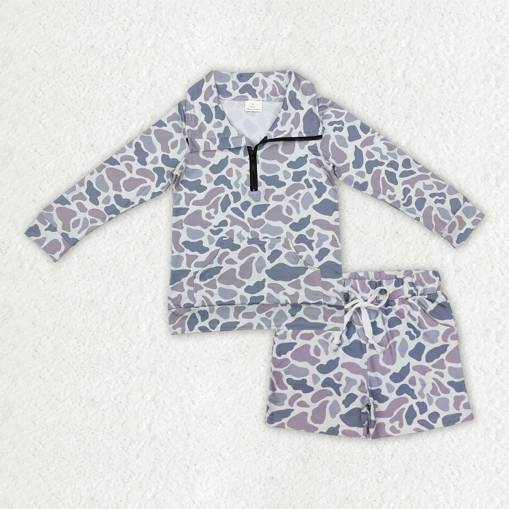 Sibling Baby Boys Camo Long Sleeve Zipper Pullover Top Pockets Shorts Outfit