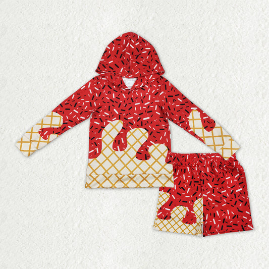 BLS0012  Red Sprinkle Hoodie Top Pockets Shorts Boys Clothes Set