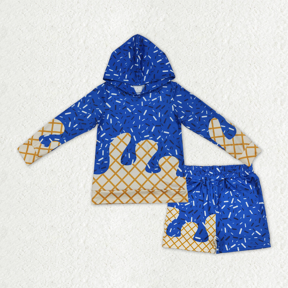 BLS0014  Blue Sprinkle Hoodie Top Pockets Shorts Boys Clothes Set