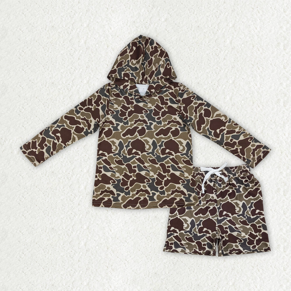 Camo Print Hoodie Top Pocket Shorts Boys Clothes Set Brothers Hunting Wear