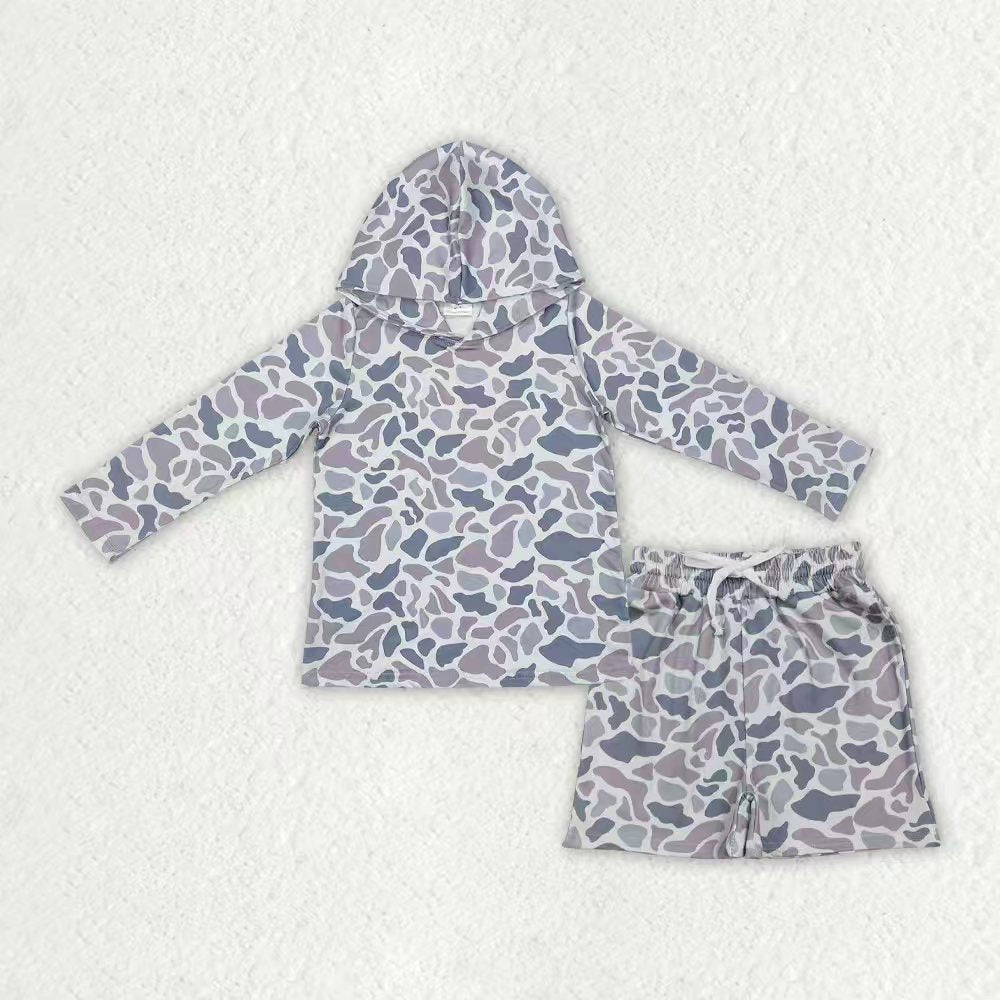 Camo Print Hoodie Top Pocket Shorts Boys Clothes Set Brothers Hunting Wear