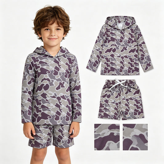 BLS0039  Dark Brown Orange Camo Hoodie Top Pockets Shorts Boys Clothes Set