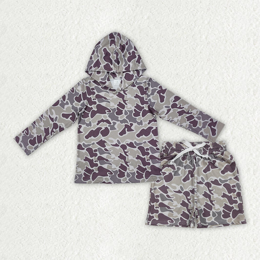 BLS0039  Dark Brown Orange Camo Hoodie Top Pockets Shorts Boys Clothes Set