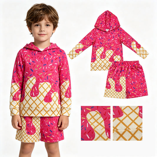 BLS0040 Hot Pink Drop Sprinkles Hoodie Top Pockets Shorts Boys Clothes Set