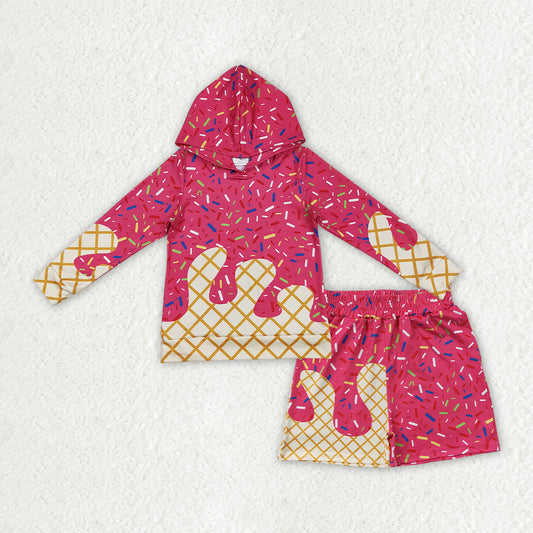 BLS0040 Hot Pink Drop Sprinkles Hoodie Top Pockets Shorts Boys Clothes Set