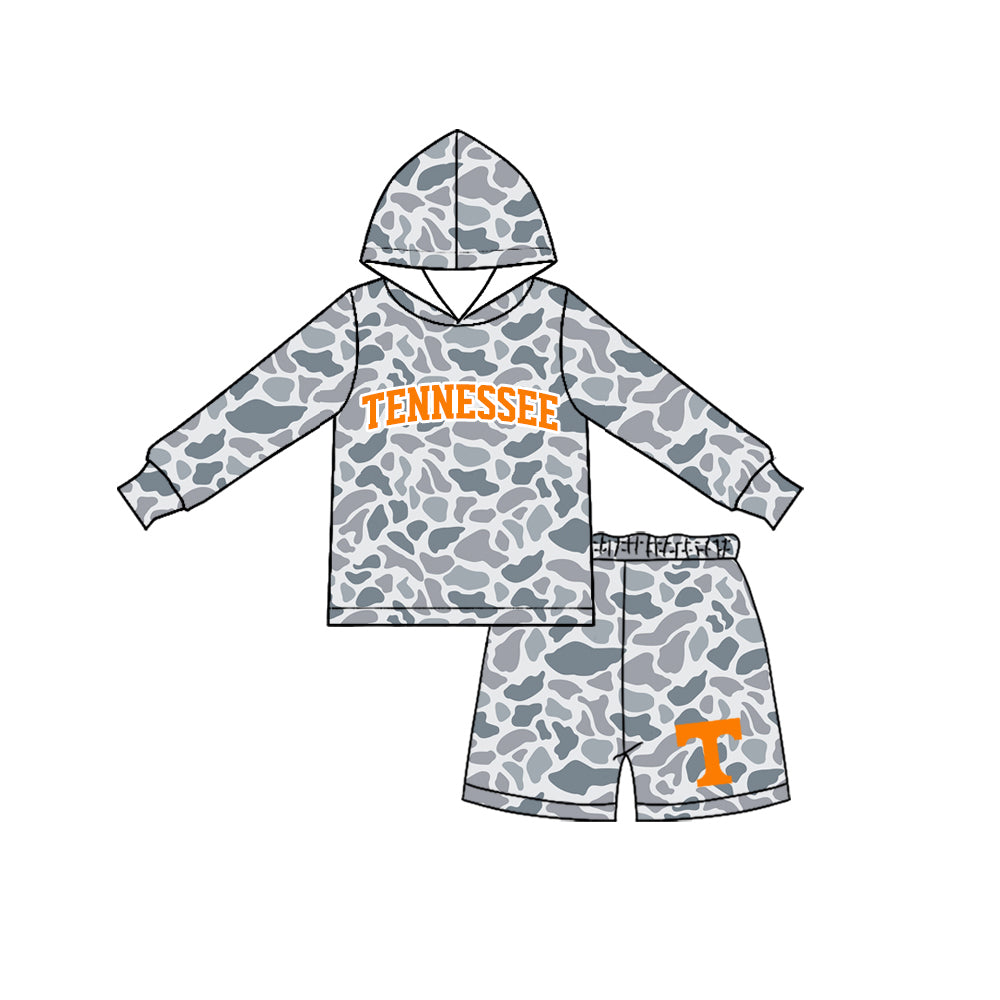 7.23 BLS0042 Preorder Teams Tennessee Grey Camo Hoodie Top Shorts Kids Clothes Set