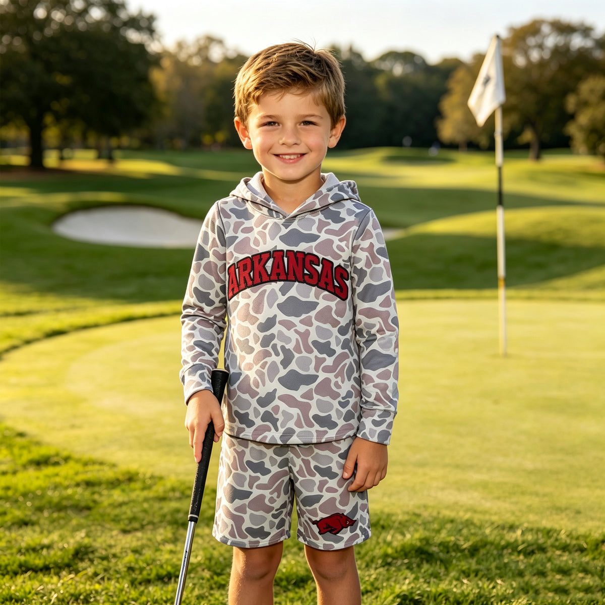 BLS0046 Teams Arkansas Grey Camo Hoodie Top Shorts Boys Clothes Set