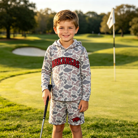 BLS0046 Teams Arkansas Grey Camo Hoodie Top Shorts Boys Clothes Set
