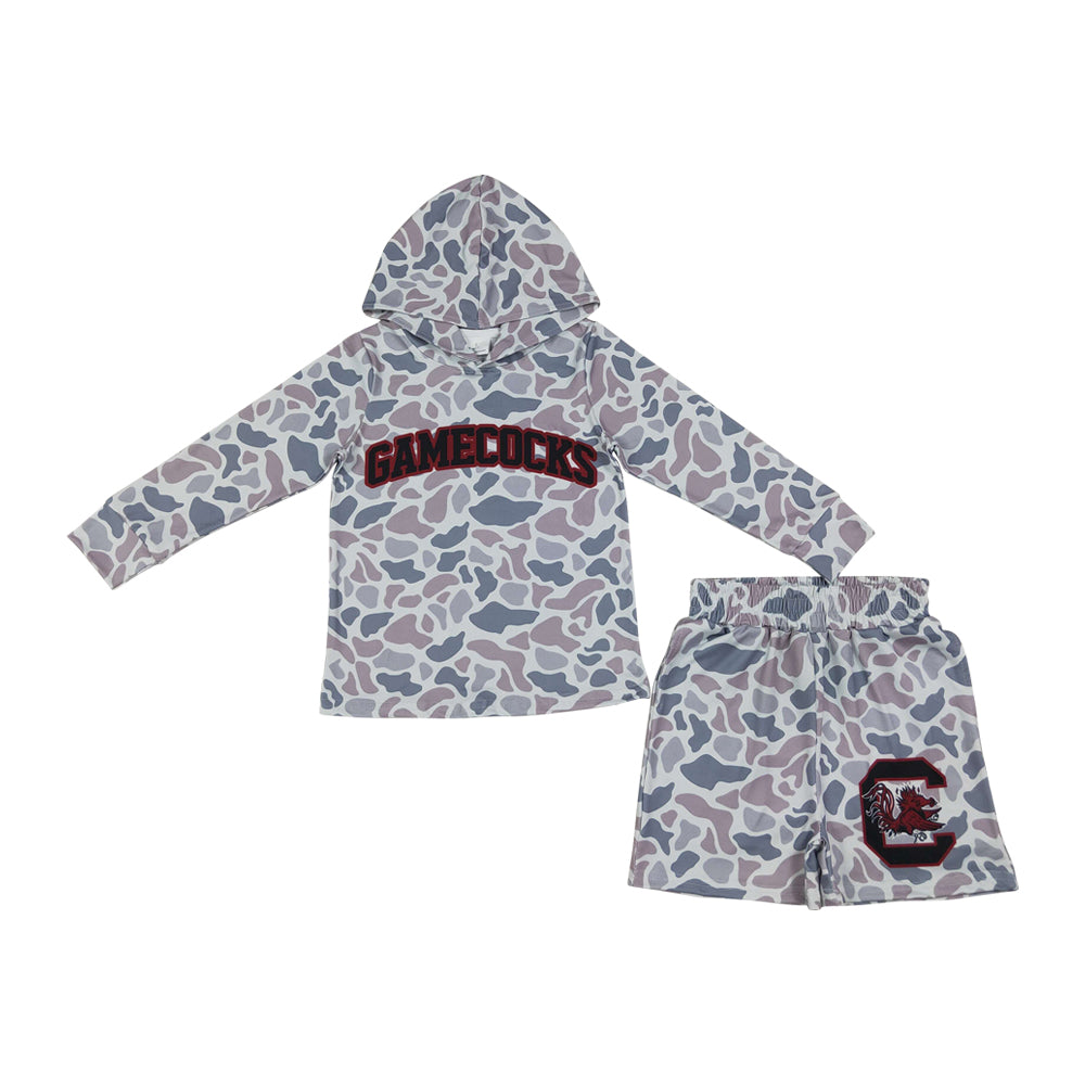 BLS0048 Teams Gamecocks Grey Camo Hoodie Top Shorts Boys Clothes Set