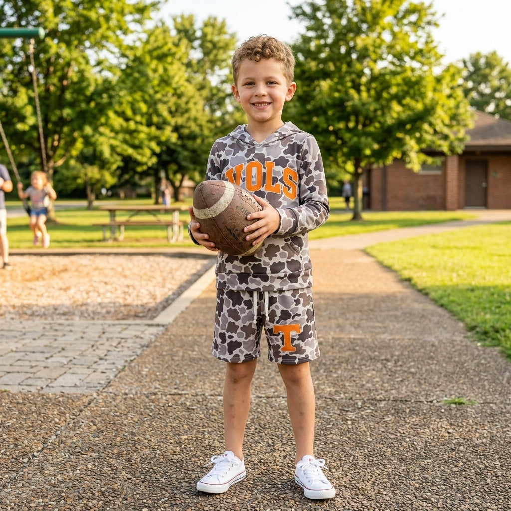 BLS0049 Teams Tennessee VOLS Dark Grey Camo Print Hoodie Top Shorts Boys Clothes Set