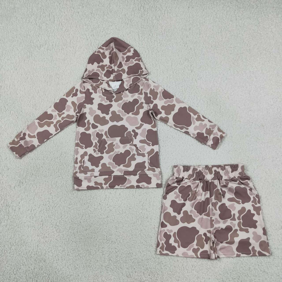 BLS0050 Brown Camo Print Hooded Pocket Long Sleeve Top & Elastic Waist Shorts Kids 2Pcs Outfit Set