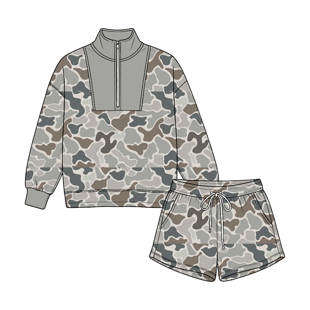 8.22 BLS0051 Preorder Camo Print Half‑Zip Pullover & Drawstring Shorts Set