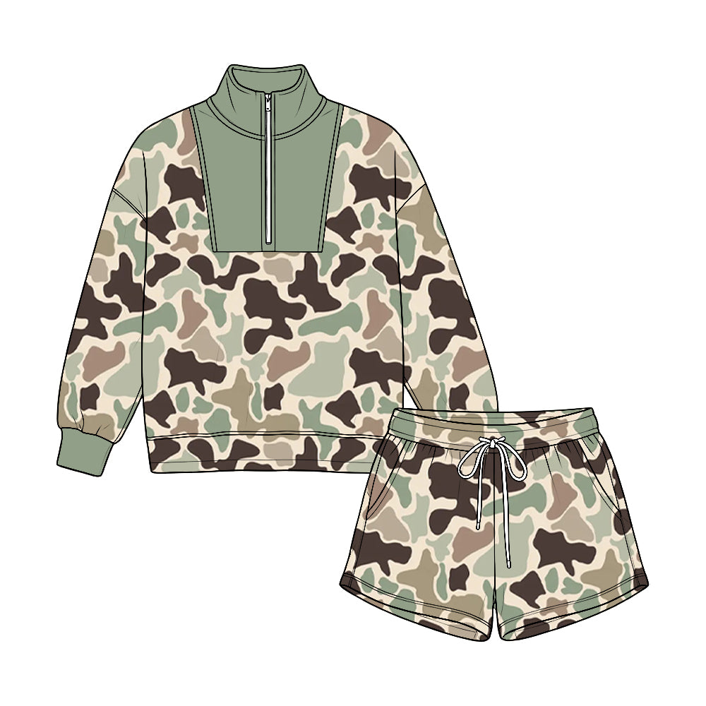 8.22 BLS0052 Preorder Brown Camo Print Half‑Zip Pullover & Drawstring Shorts Set