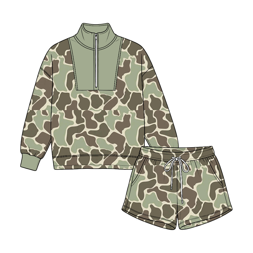 8.22 BLS0052 Preorder Green Camo Print Half‑Zip Pullover & Drawstring Shorts Set