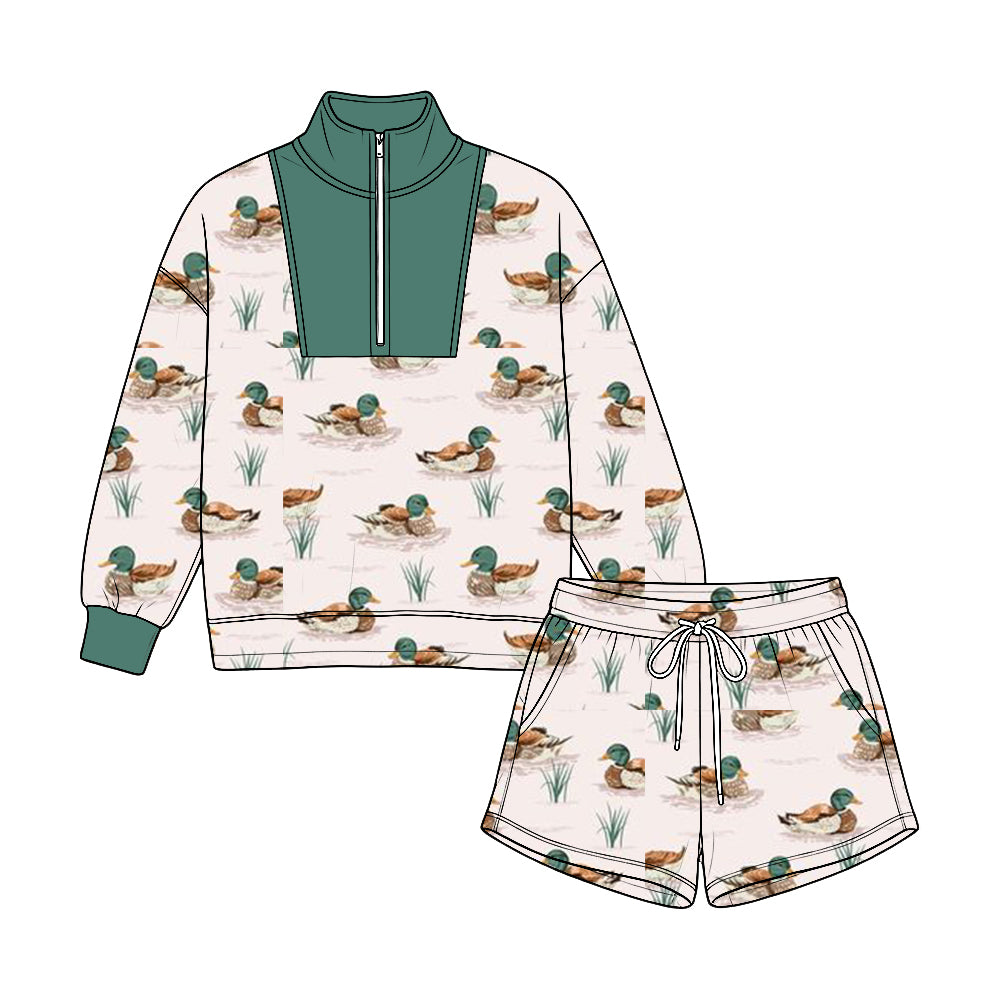 8.22   Preorder Mallard Duck Water Grass Print Half‑Zip Pullover & Drawstring Shorts Set