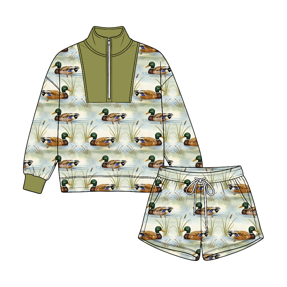 8.22   Preorder Mallard Duck  Print Olive Half‑Zip Pullover & Drawstring Shorts Set