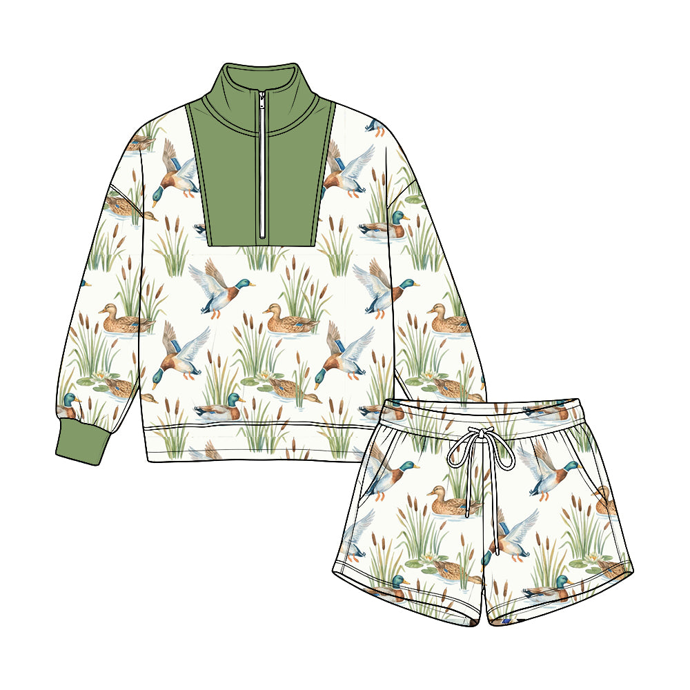 8.22   Preorder Mallard Duck  Print Olive Half‑Zip Pullover & Drawstring Shorts Set
