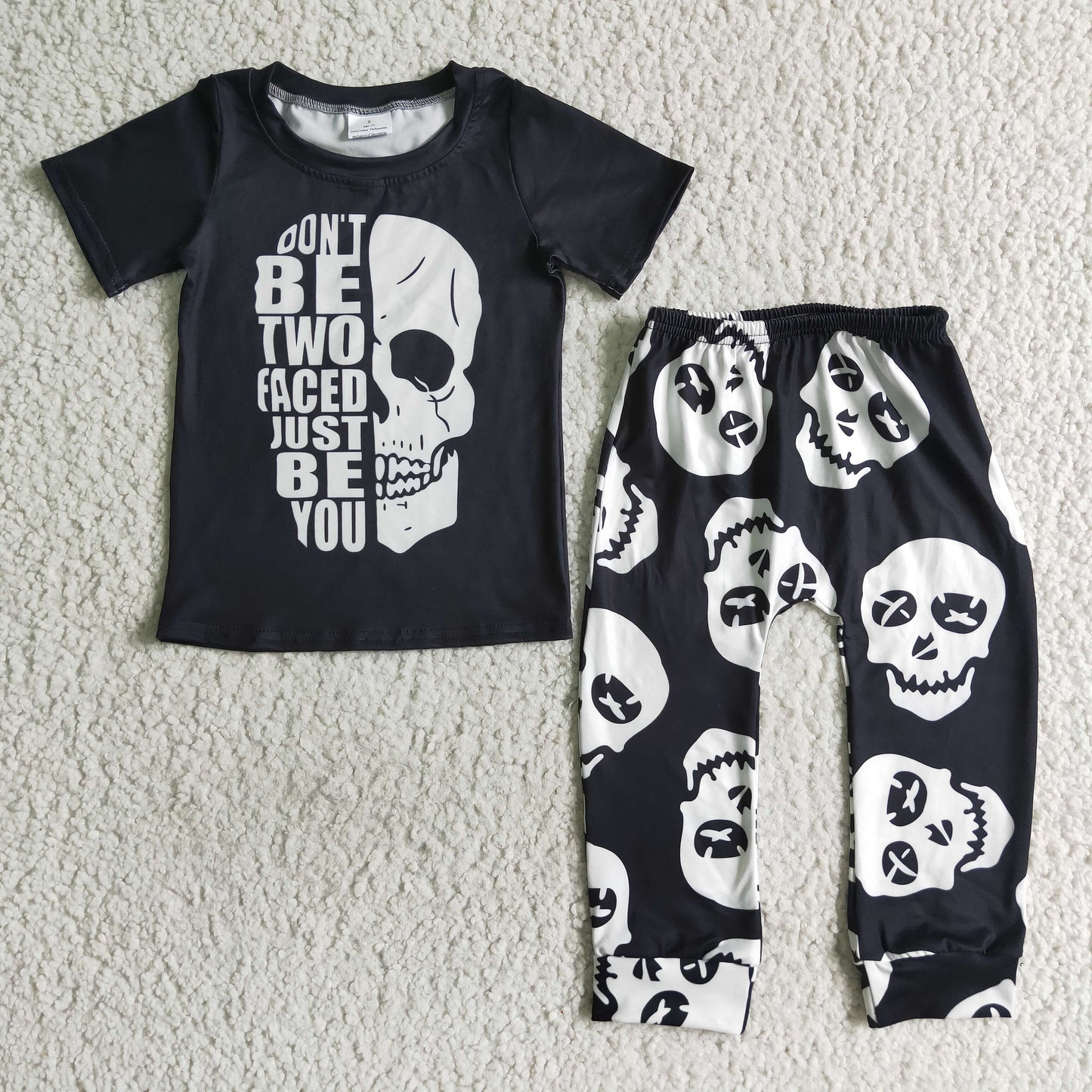 BSPO0016 TWO FACED JUST BE YOU Skull Black Print Boys Halloween Clothes Set