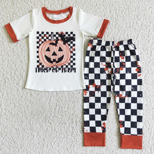 BSPO0028 TRICK OR TREAT Pumpkin White Top Plaid Pants Boys Halloween Clothes Set