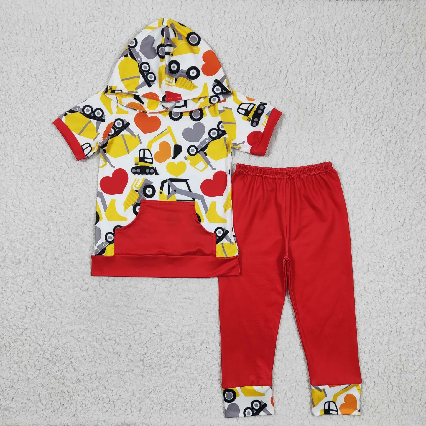 BSPO0050 Construction Hearts Hoodie Top Red Pants Boys Valentine's Day Outfits