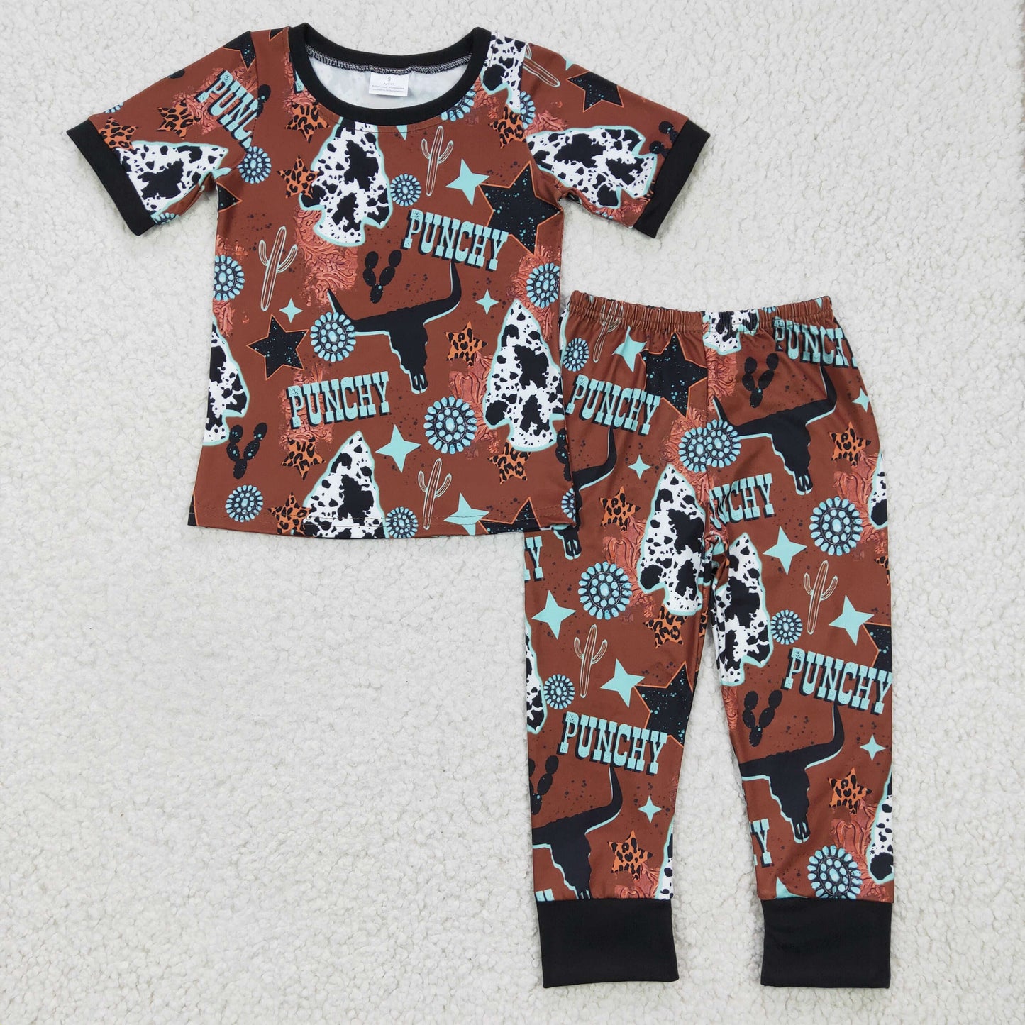 BSPO0051 Punchy Tags Brown Boys Western Pajama Clothes Set