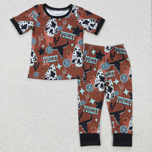 BSPO0051 Punchy Tags Brown Boys Western Pajama Clothes Set