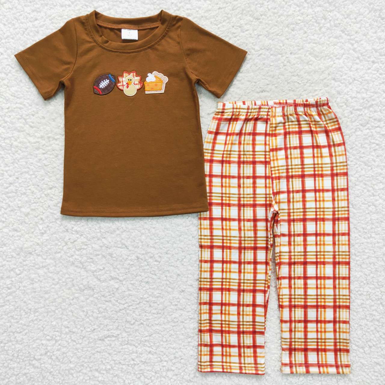 BSPO0143 Football Turkey Pie Embroidery Brown Top Plaid Pants Boys Thanksgiving Clothes Set