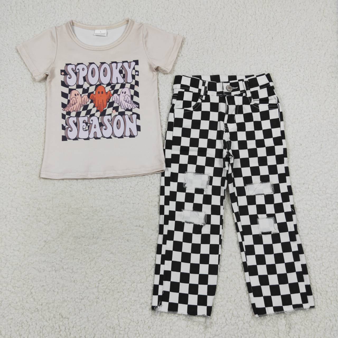 BSPO0156 SPOOKY SEASON Top Plaid Hole Jeans Boys Halloween Clothes Set