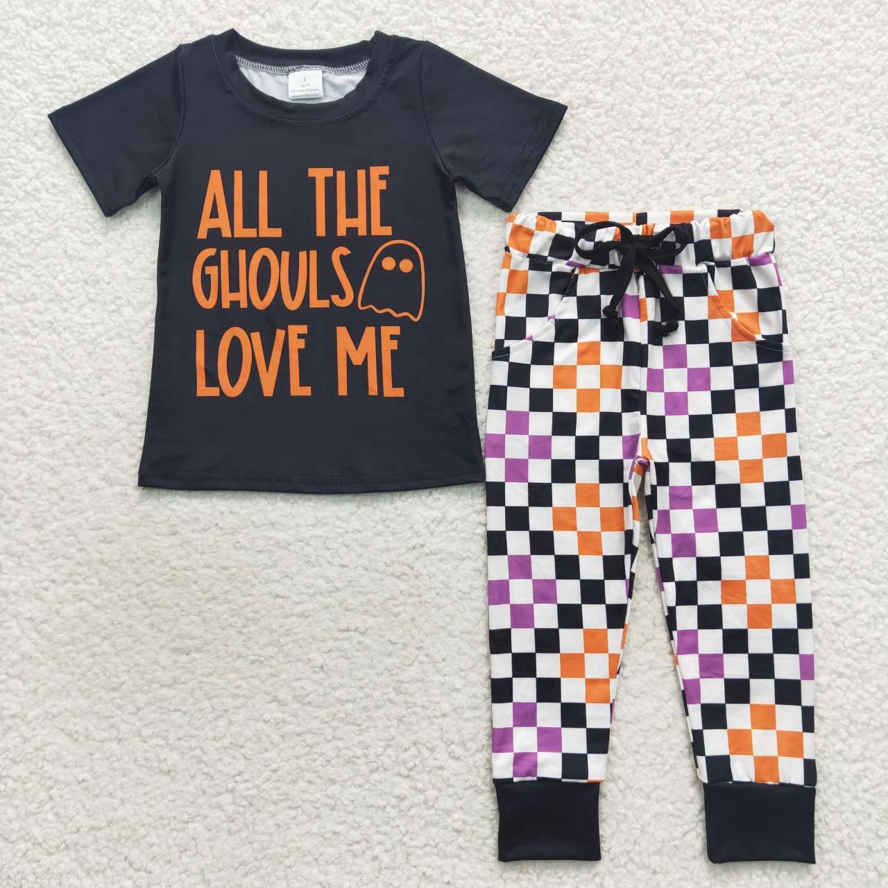 BSPO0160 ALL THE GHOULS LOVE ME Top Plaid Pants Boys Halloween Clothes Set
